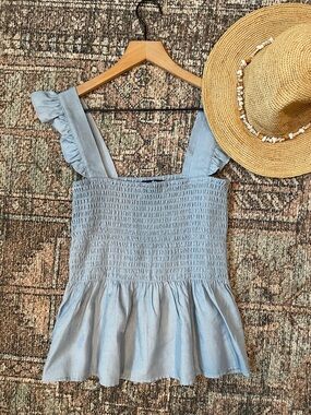 Chambray Smocked Peplum Top Medium Ruffle Strap Blue Babydoll Tank Summer